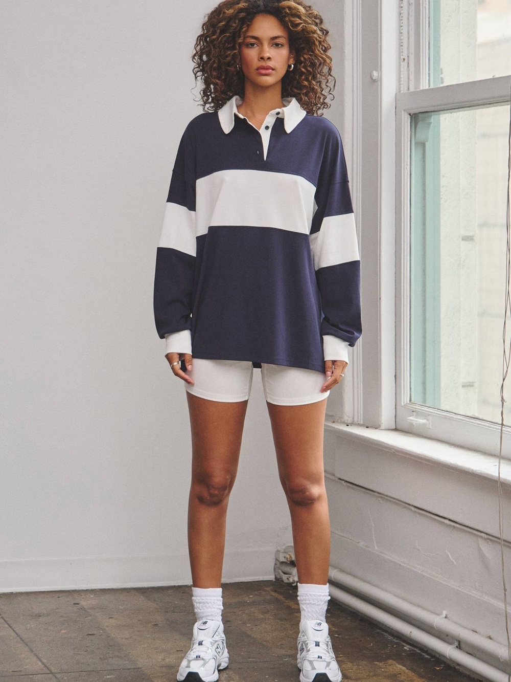 NWT Navy Stripe Rugby Polo Top & Biker Shorts Set Preppy Oversize